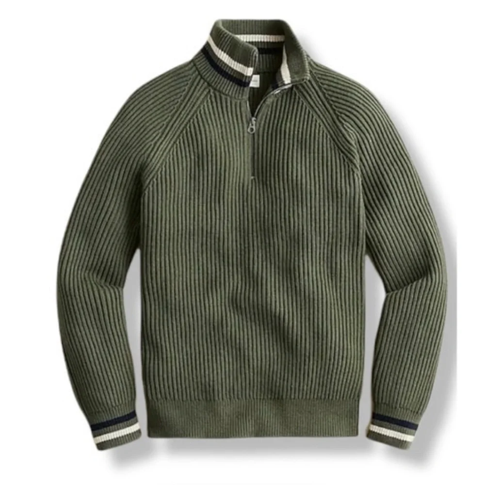 NWT J.Crew Heritage Ribbed Cotton Half Zip Mock Neck Sweater Olive Green Small